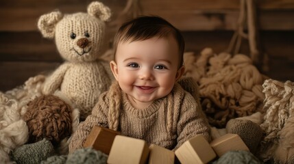Adorable baby boy smiling while playing with wooden blocks in a cozy, knitted setting, accompanied by a cute teddy bear and soft toys, perfect for family or childhood themes