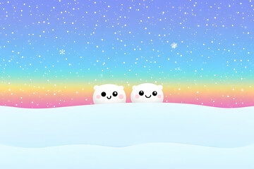 Fototapeta premium Two Adorable Polar Bears Peek Over Snowy Hills Under a Rainbow Sky with Falling Snowflakes