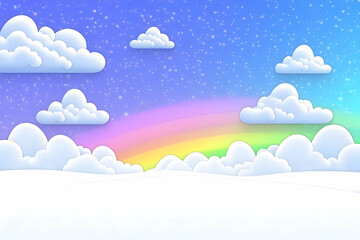 Fototapeta premium Whimsical Winter Wonderland: Cartoon Clouds and Rainbow Over Snowy Hills
