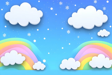 Fototapeta premium Whimsical 3D Winter Wonderland with Rainbows and Clouds Under a Snowy Sky