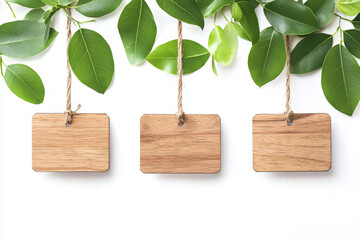 Three blank wooden tags hang from green leaves against a white background.