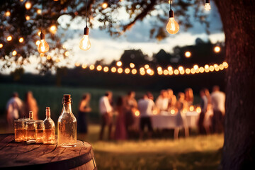 Outdoor Evening Party Glows with String Lights and Drinks on Barrel