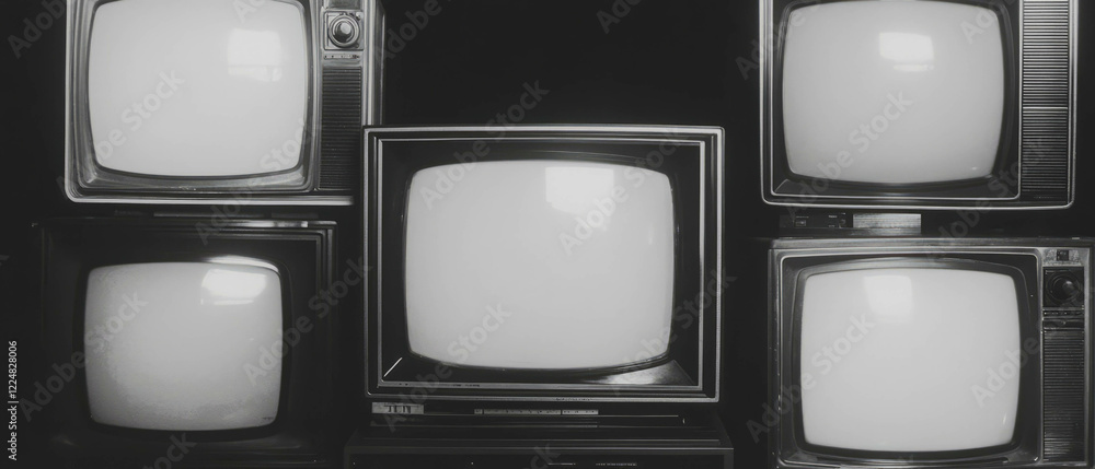 Poster display of vintage television sets with black and white screens creating a retro look