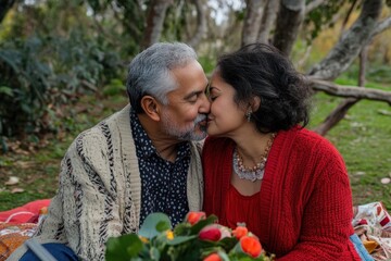 middle aged hispanic couple kissing on picnic blanket surrounded by nature, sharing intimate moment with bouquet of colorful flowers. concept of love, togetherness. st. valentine's day, anniversary