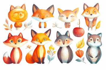Fototapeta premium Adorable Fox Illustration Set with Fall Elements: A Whimsical Watercolor Collection