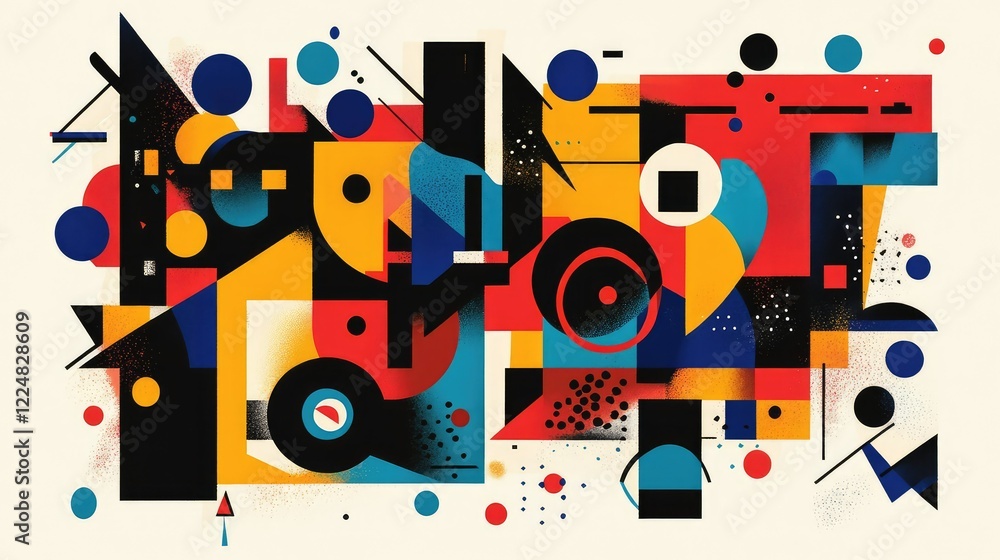 Poster vibrant abstract composition with geometric shapes showcasing bold colors and dynamic patterns for m