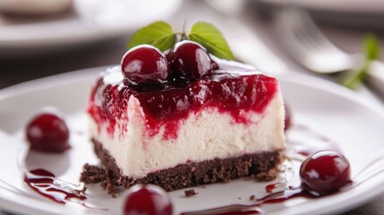 National Cherry Dessert Day Delicious cherry cheesecake slice with chocolate crust and fresh cherries on plate