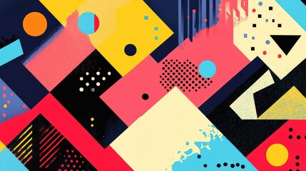 Obraz premium Abstract Geometric Pattern with Colorful Shapes, Circles, and Lines, Featuring Vibrant Hues of Pink, Blue, Yellow, Black, and Red for Creative Design Projects