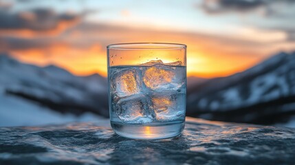 Glass of ice water at sunset, mountains blurred background. Perfect for concepts of refreshment, relaxation, and enjoying nature's beauty.