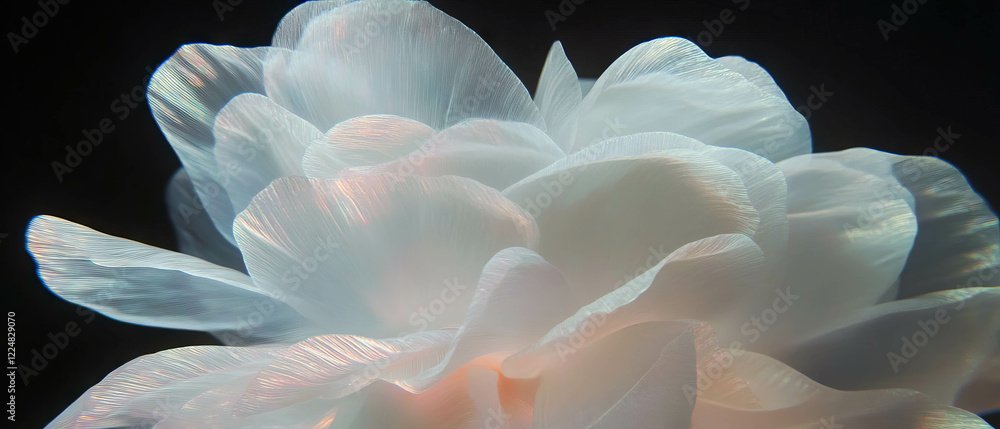 Poster Partially transparent petal layers creating a delicate texture against a black background