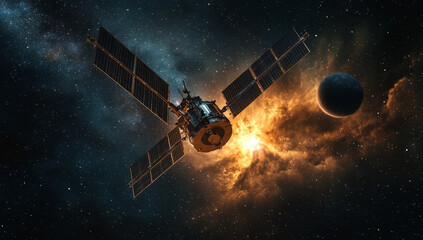 Naklejka premium Satellite in Deep Space, Solar Panels Gleaming.