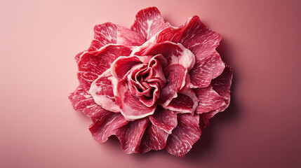 A visually striking concept of raw meat arranged in an intricate circular pattern, with thin cuts forming a flower-like motif, resting on a muted solid-colored background