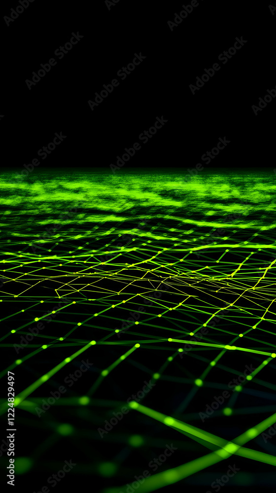 Poster green glowing grid over black forms a 3d abstract background with interconnected nodes