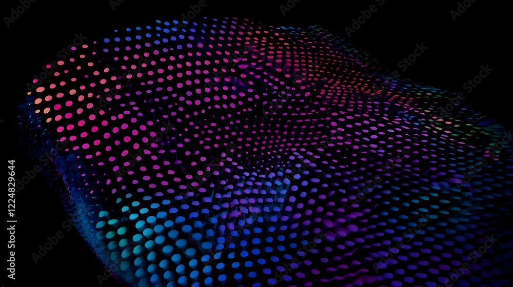 Poster abstract background displays glowing neon polka dots in a wavy pattern against a black backdrop