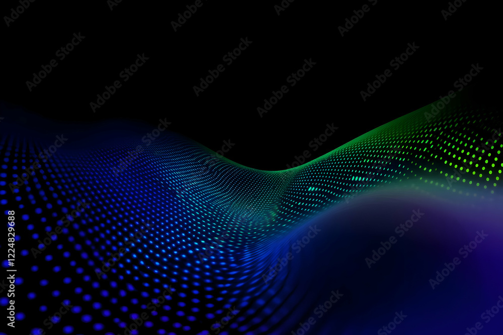 Poster abstract background with flowing dots and gradient colors dynamically on black background.