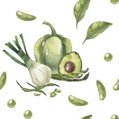 Green fresh vegetables seamless pattern with sweet pepper, avocado,onion shallot,beans watercolor illustration.Hand drawn vegan food background for veggie restaurant,product packing,eco shopper design