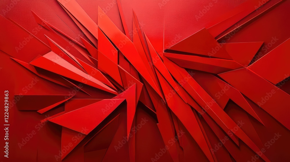 Poster abstract red background with sharp geometric shapes and dynamic lines creating a bold and energetic 