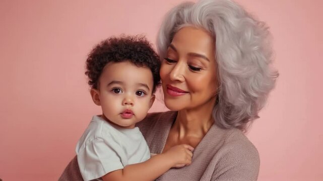 A video captures a loving moment between a grandmother and her grandson, with the grandmother smiling while holding the child in her arms. The warm connection and joyful expressions highlight the stro