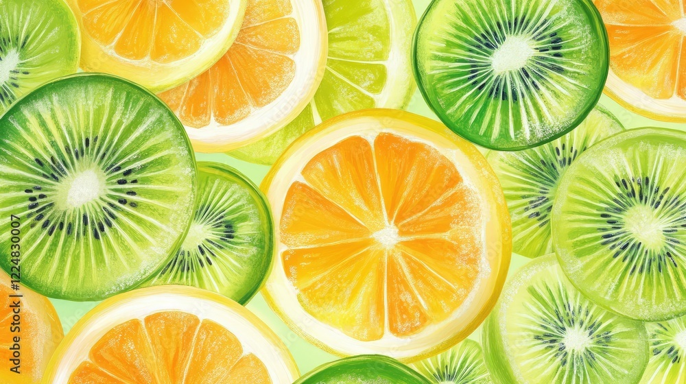 Poster a bright and fresh seamless pattern featuring citrus and kiwi slices on a summery gradient backdrop
