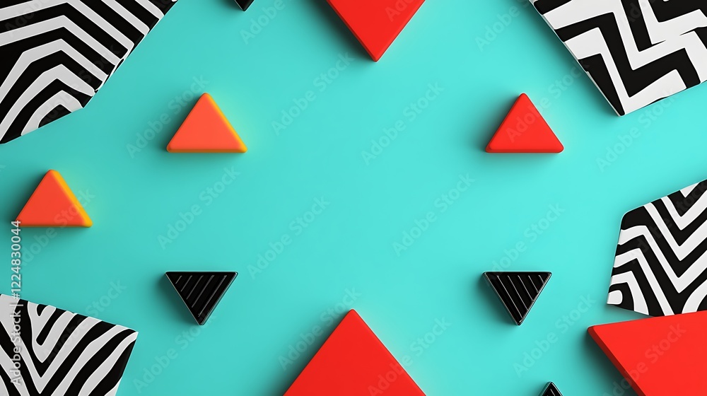 Poster colorful geometric shapes and patterns on a turquoise background for modern design concepts