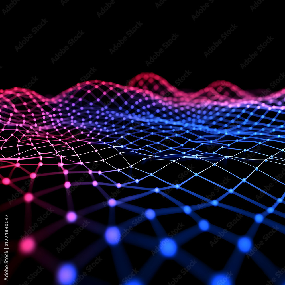 Poster abstract 3d mesh network glows with pink and blue nodes on a dark background