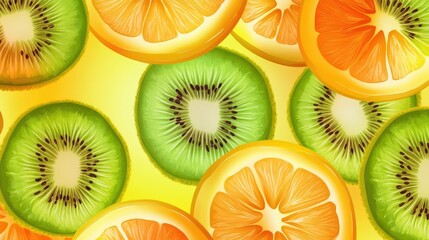 Fototapeta premium Colorful and Vibrant Slices of Kiwi and Orange on a Bright Yellow Background Ideal for Freshness, Health, and Culinary Themes in Stock Photography