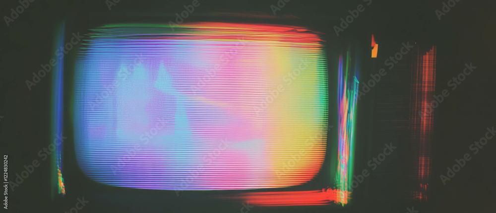 Poster retro tv screen overlay displaying rainbow effects and color distortions in dark background