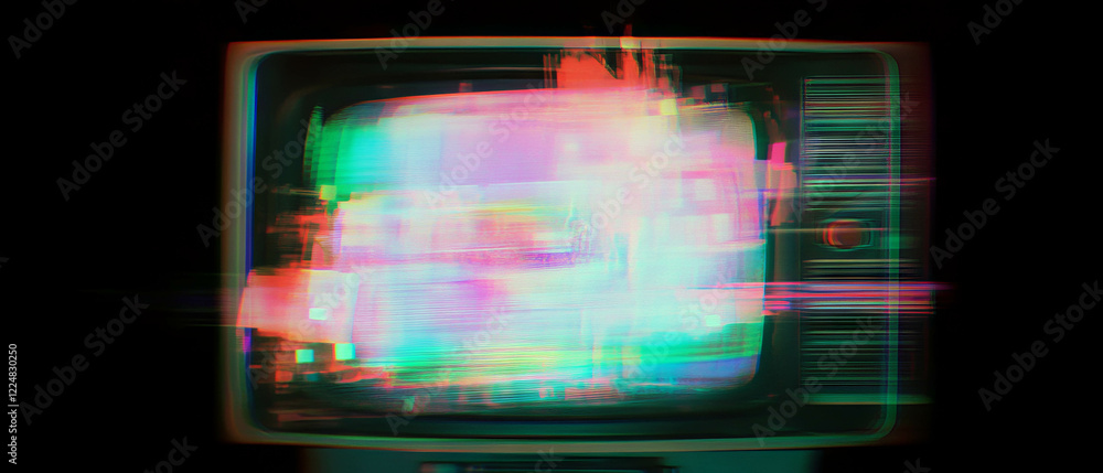 Poster overlay texture of retro tv screen with ghost image and distortion effects on black background