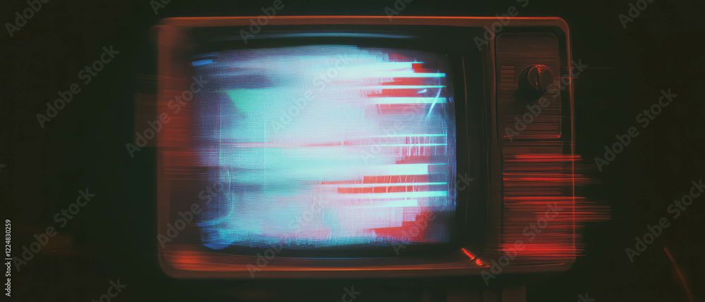 Poster distorted retro tv screen with ghost images against a dark background creates a surreal effect