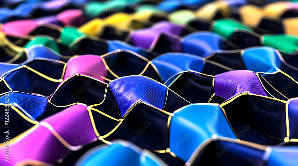 Poster colorful abstract 3d network background forming a wavy interconnected pattern with golden lines seam