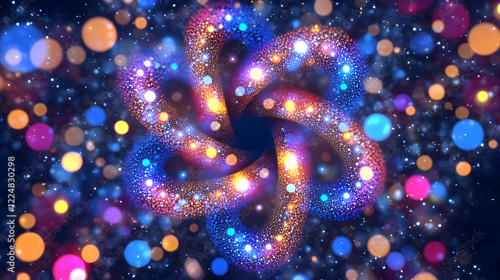 Poster abstract swirling light trails form a flower with colorful bokeh background