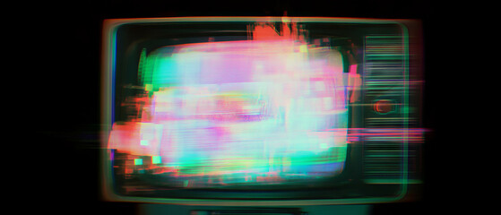 Overlay texture of retro TV screen with ghost image and distortion effects on black background