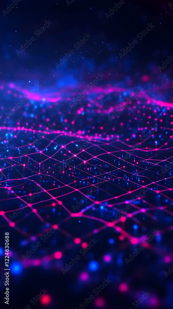 Poster abstract 3d network glowing with pink and blue lights in dark background with bokeh effect