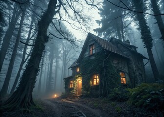 Mysterious Wizard Cottage, Spooky Forest, Long Exposure Night Photography