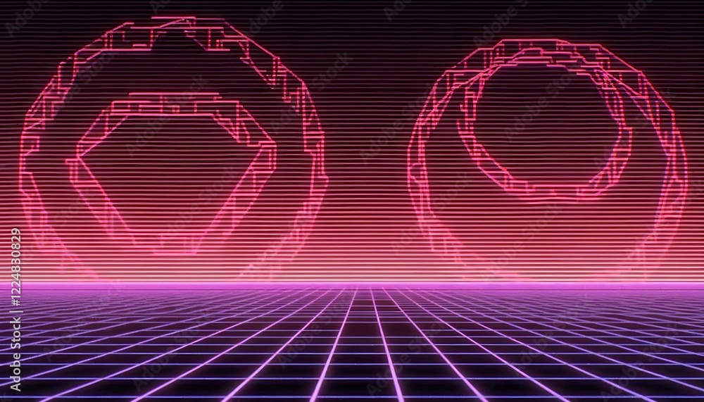 Aufkleber retro synthwave grid landscape with glowing neon orbs and geometric patterns