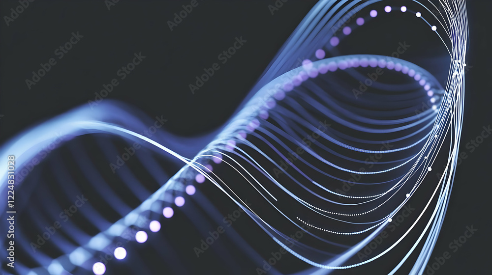 Poster abstract 3d illustration with glowing lines and dots forming a dynamic wave on a dark background.