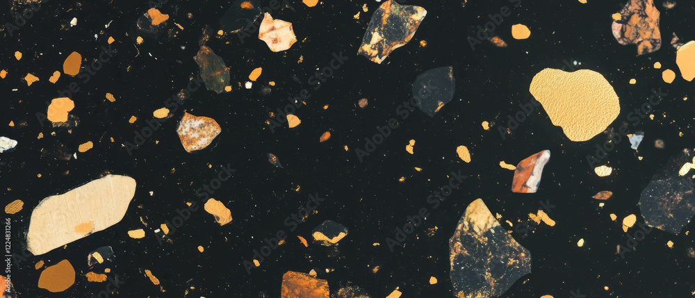 Poster scattered gold confetti on a black background creating a vibrant and festive appearance