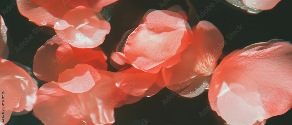 Poster Scattered rose petals overlay texture on a black background with subtle transparency