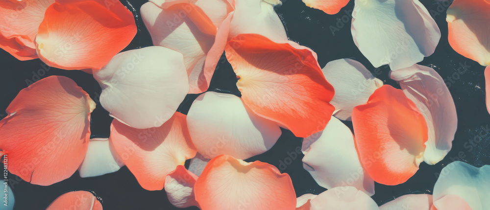 Poster Scattered rose petals creating an elegant texture on a subtle black background