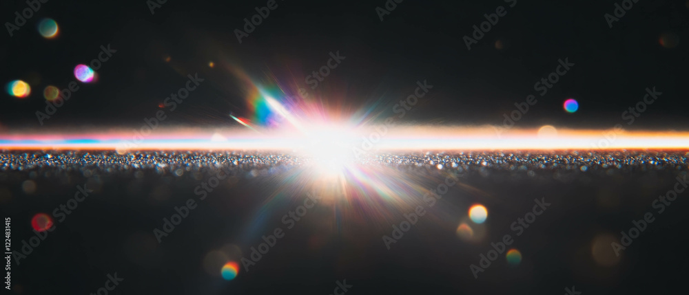 Poster overlay texture of settled dust with subtle light flares on a black background