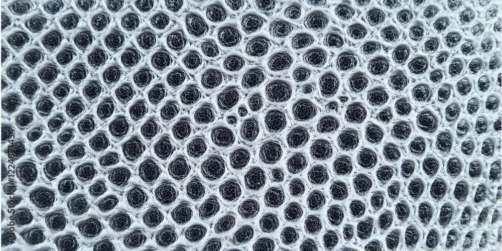 Poster intricate white mesh forms a textured pattern with dark circular openings in a close-up view.