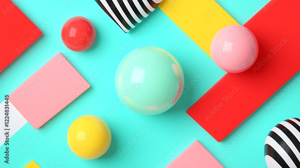 Poster colorful geometric shapes and patterns on turquoise background with various circular and rectangular