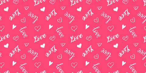 Hand drawn calligraphy lettering word Love with doodle hearts seamless pattern. Cute romantic pink endless background print. Valentine's day holiday backdrop texture, romantic banner, poster, cover.