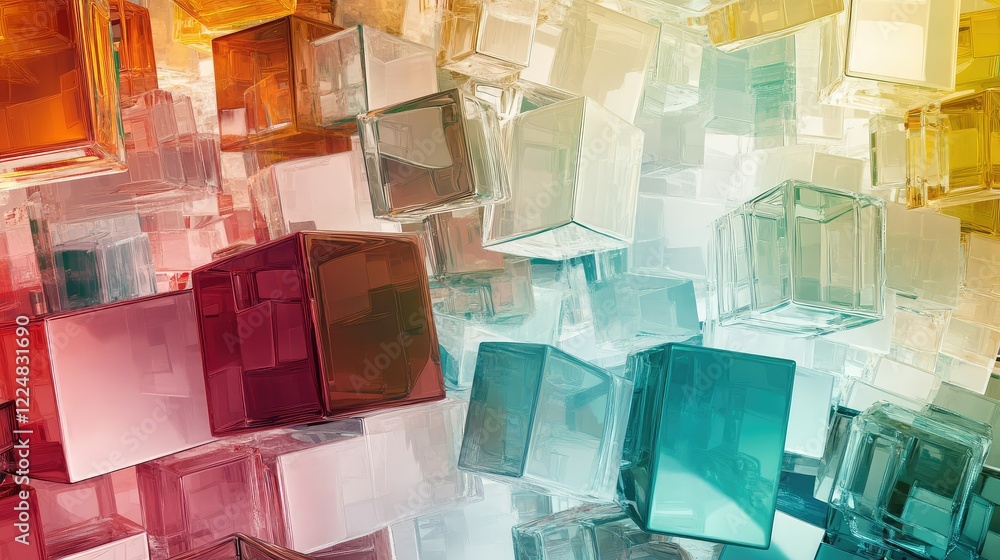 Poster abstract colorful glass blocks overlapping in dynamic composition with transparent and reflective su