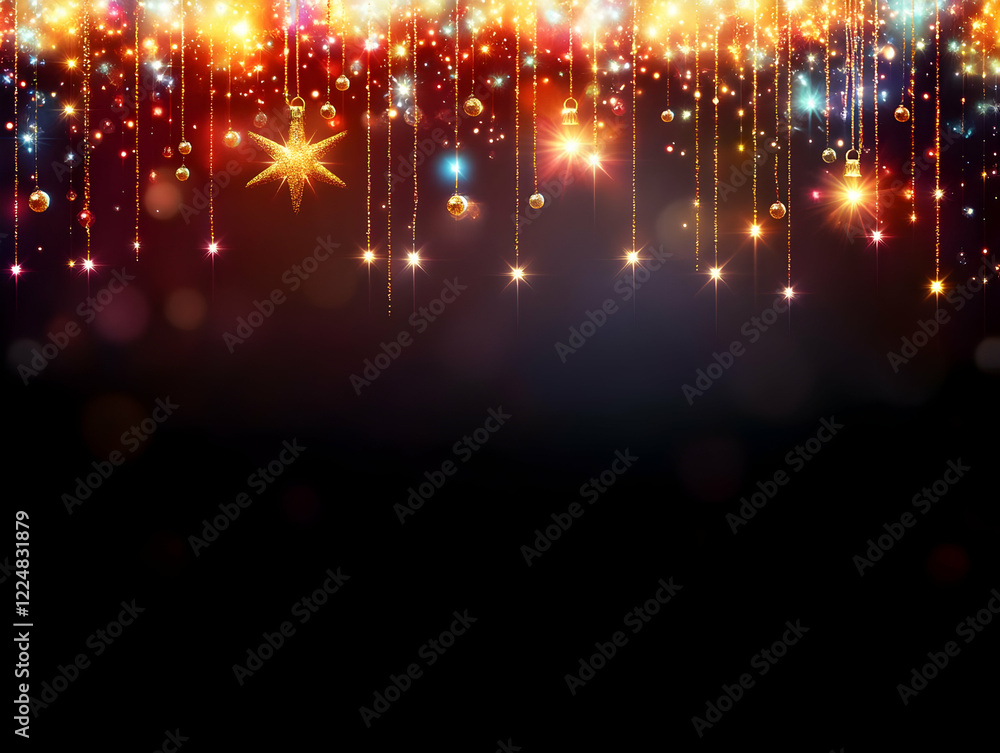 Poster sparkling holiday ornaments hang elegantly on shimmering strings with colorful lights against a dark
