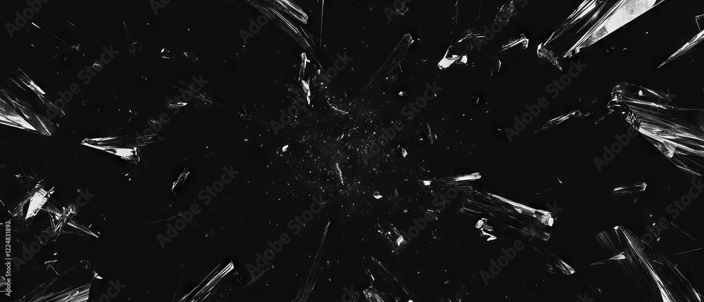 Poster shattered glass texture with sharp fragments on a black background