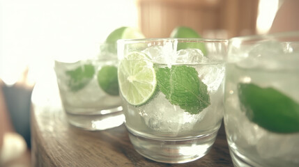 Refreshing Drinks With Lime and Mint Served in Clear Glasses in a Bright Setting