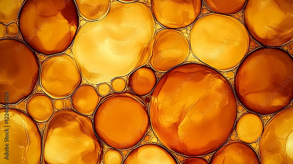 Poster golden bubbles form an abstract background with intricate texture and shimmering highlights
