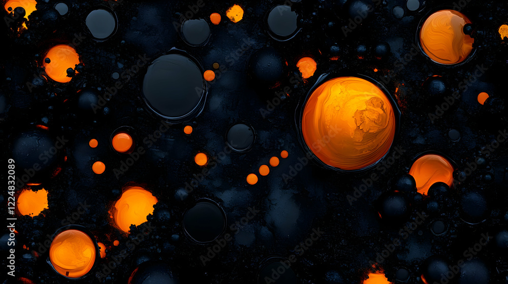 Poster abstract background with orange and black spheres floating dynamically on a dark surface with reflec