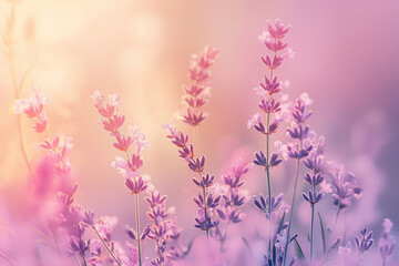 Naklejka premium Soft-focus lavender field at sunset with vibrant colors, creating a serene and calming atmosphere